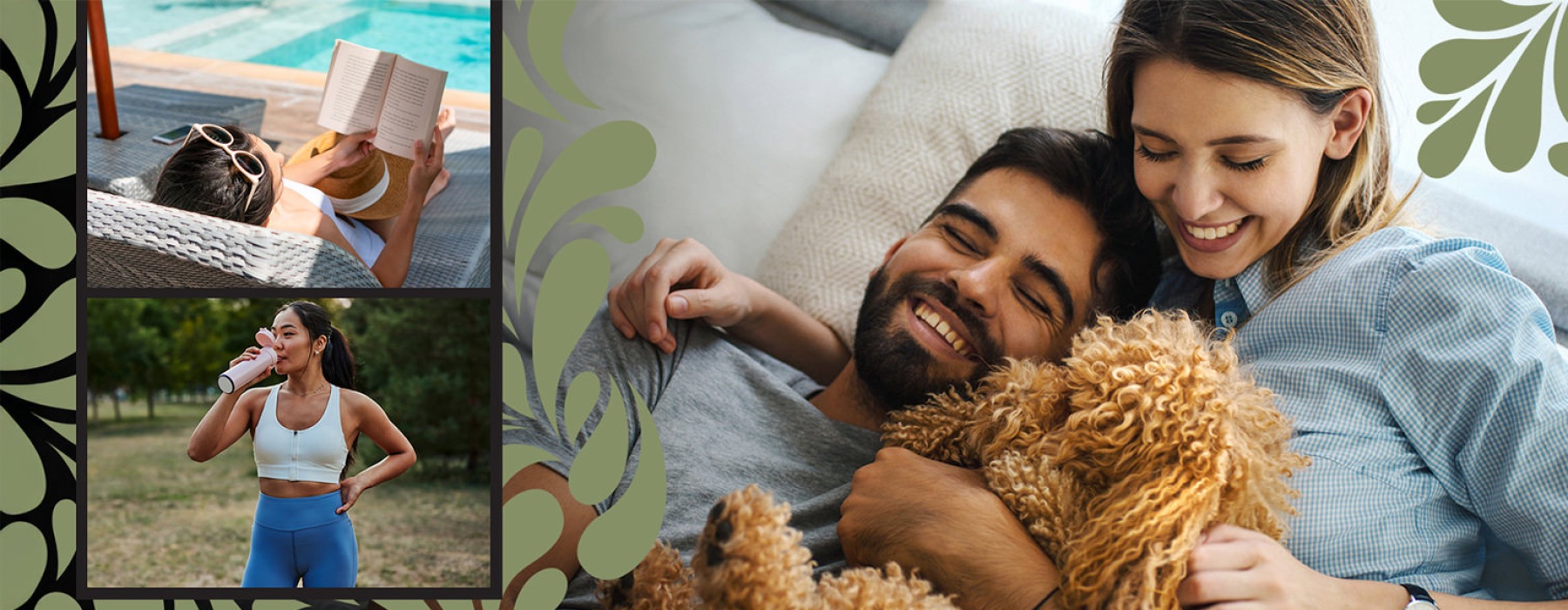 a couple on a bed with a dog a person working out and a person reading by a pool