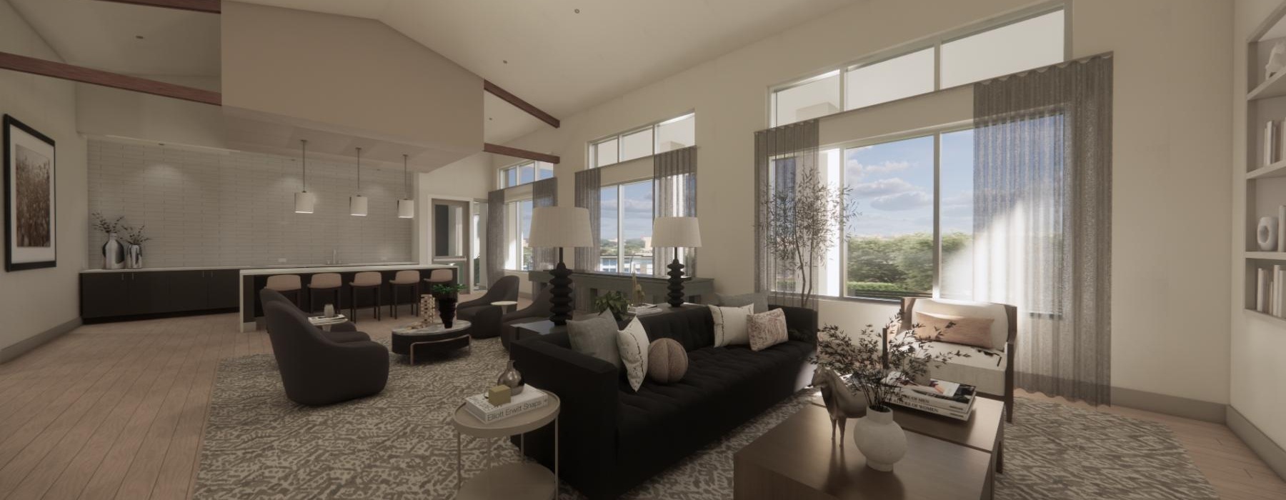 a large living room with a large window
